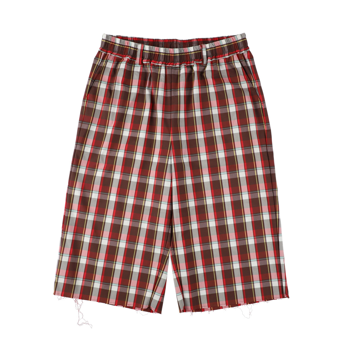 BAGGY CROPPED PANTS / RED CHECK AND LETHER