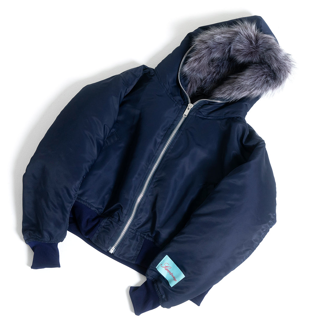 BLUE FOX HOODED BOMBER JACKET