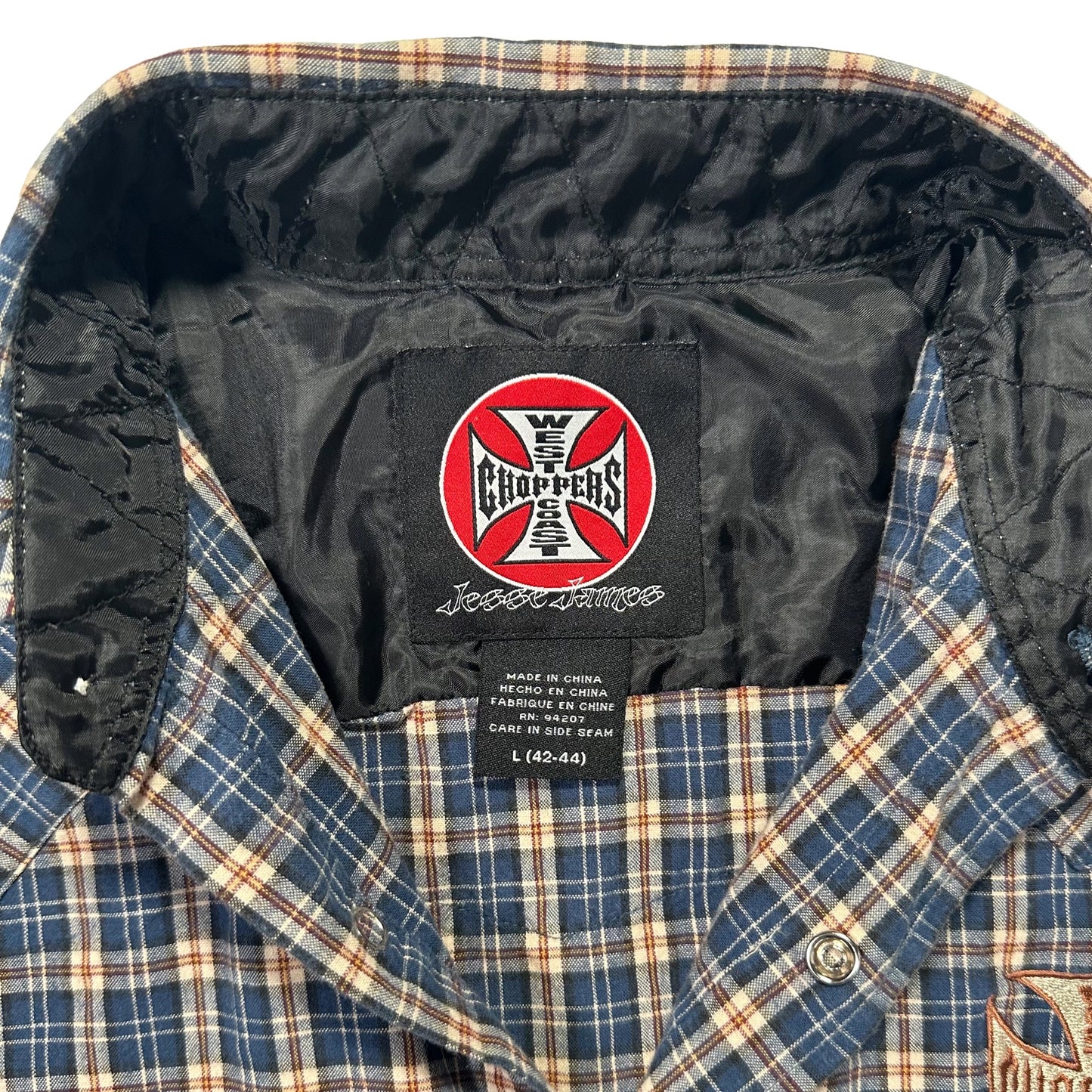 00s "WEST COAST CHOPPERS" CHECK CUT OFF S/S SHIRTS BLUE / L