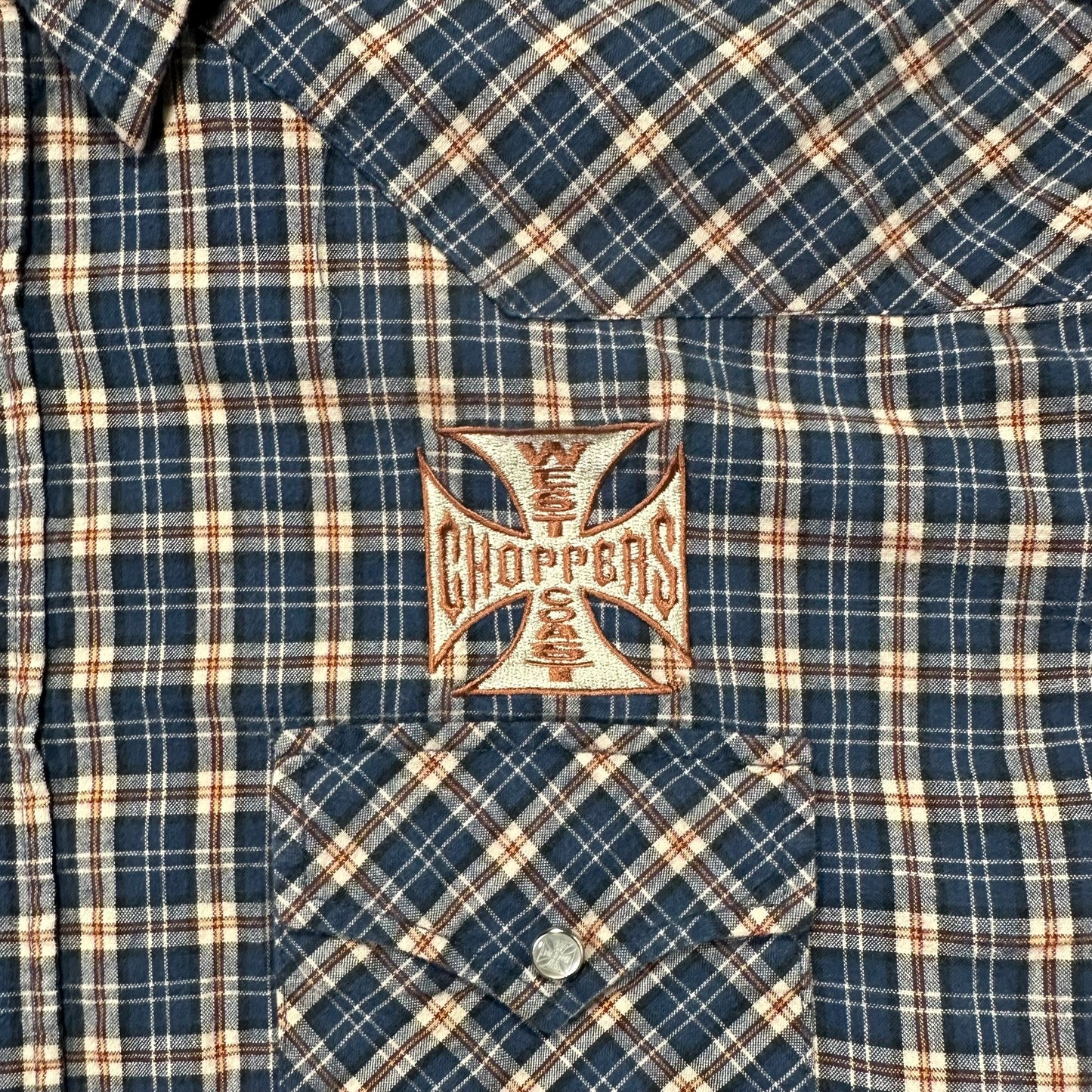 00s "WEST COAST CHOPPERS" CHECK CUT OFF S/S SHIRTS BLUE / L