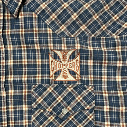 00s "WEST COAST CHOPPERS" CHECK CUT OFF S/S SHIRTS BLUE / L