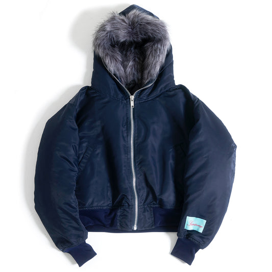 BLUE FOX HOODED BOMBER JACKET