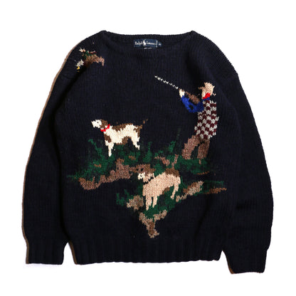 USED Ralph Lauren Hand Hunter Birds Dogs Spaniels Blue Label sweter / NAVY 表記M