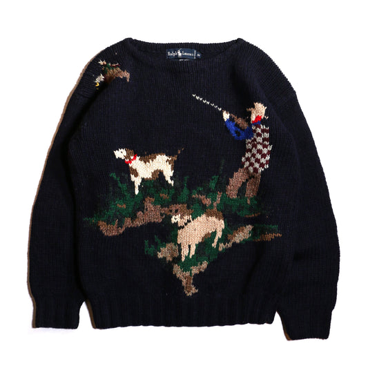 USED Ralph Lauren Hand Hunter Birds Dogs Spaniels Blue Label sweter / NAVY 表記M