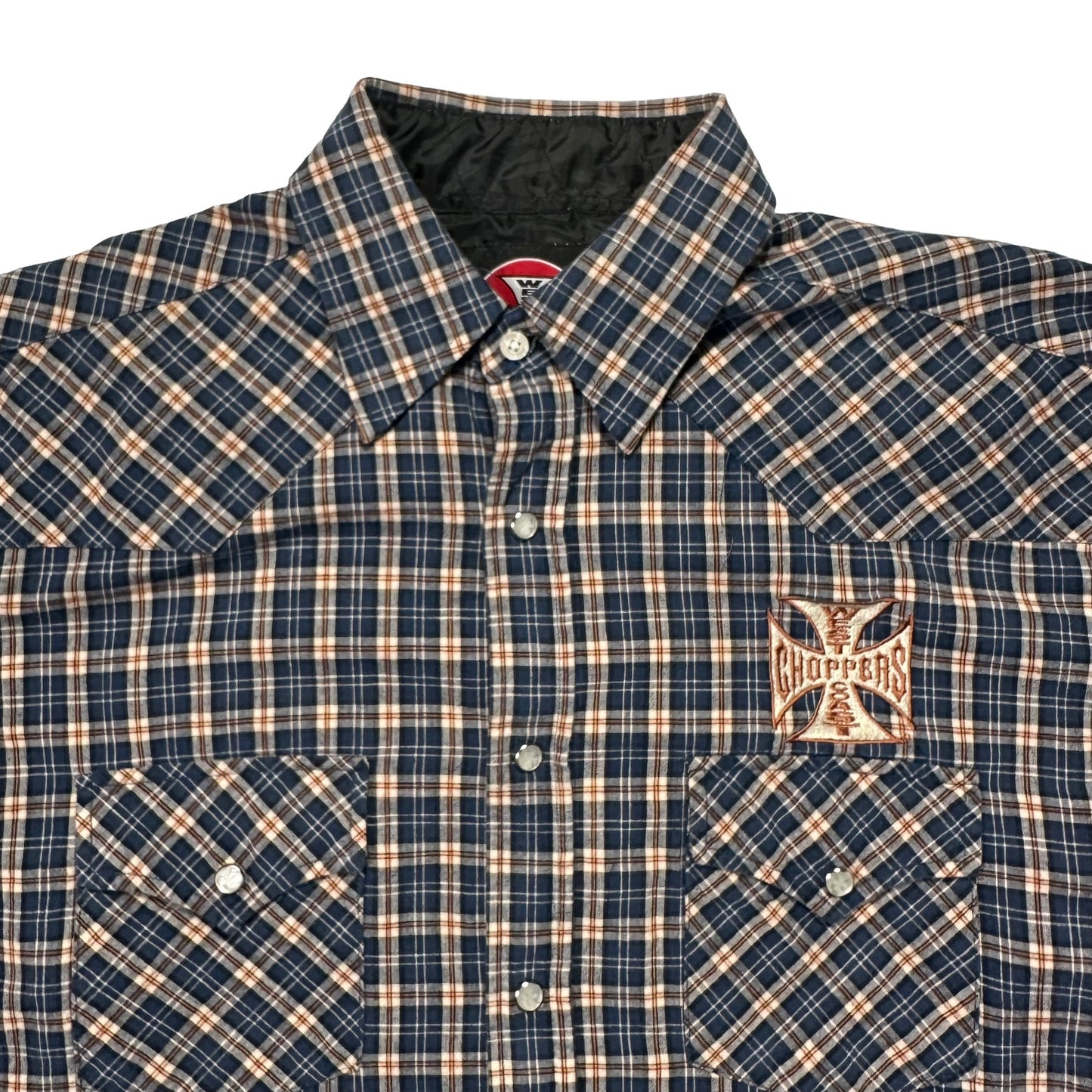 00s "WEST COAST CHOPPERS" CHECK CUT OFF S/S SHIRTS BLUE / L
