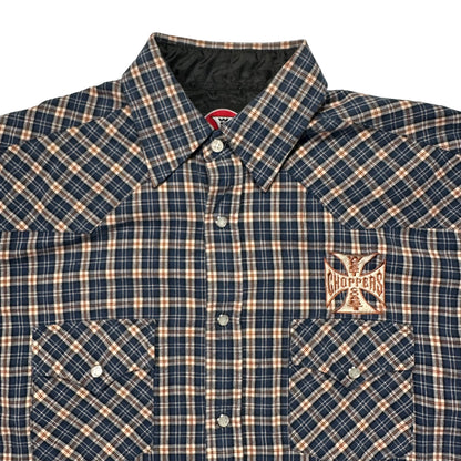 00s "WEST COAST CHOPPERS" CHECK CUT OFF S/S SHIRTS BLUE / L