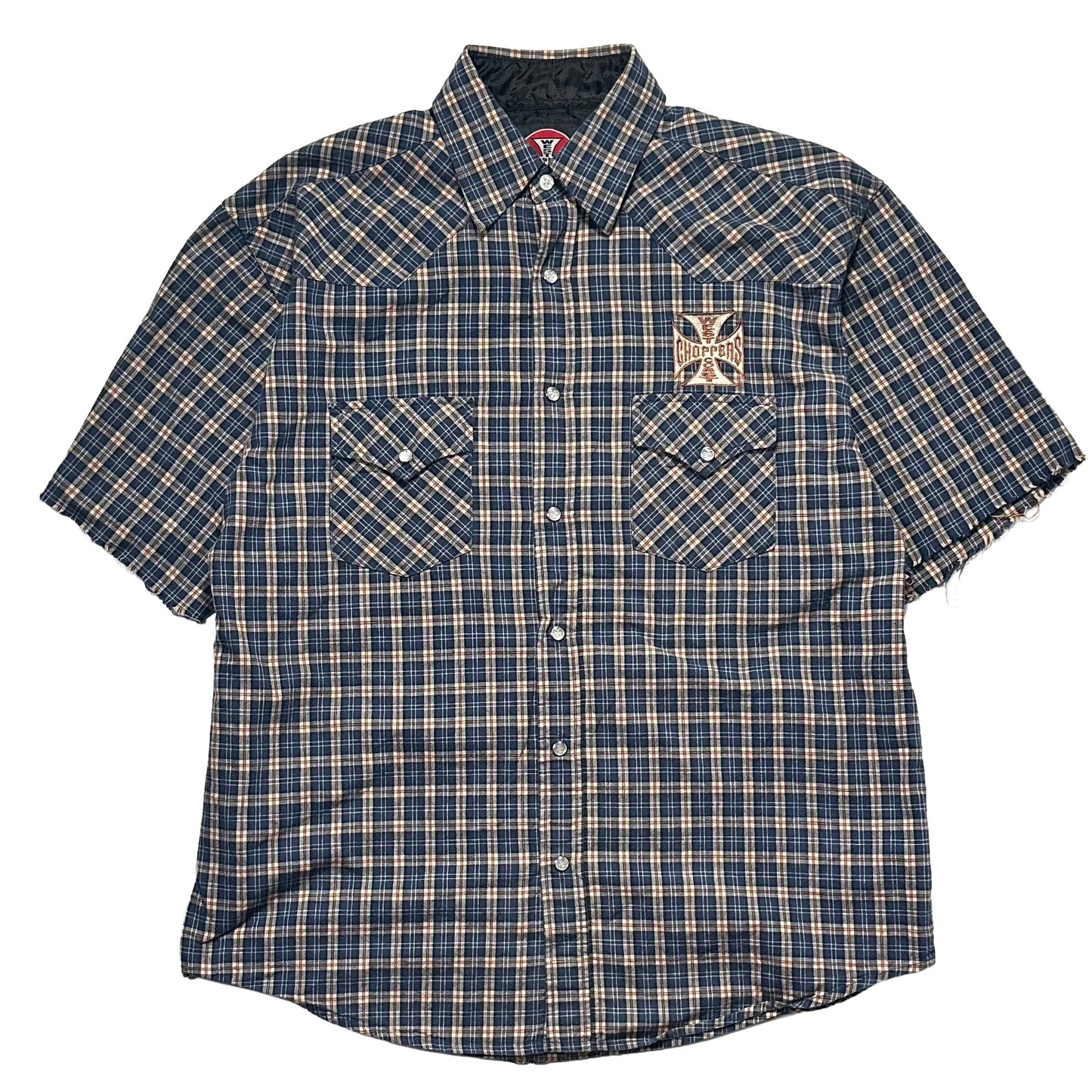 00s "WEST COAST CHOPPERS" CHECK CUT OFF S/S SHIRTS BLUE / L