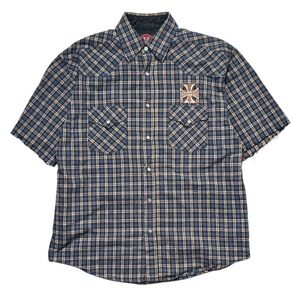 00s "WEST COAST CHOPPERS" CHECK CUT OFF S/S SHIRTS BLUE / L