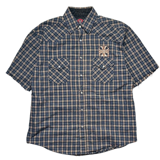 00s "WEST COAST CHOPPERS" CHECK CUT OFF S/S SHIRTS BLUE / L