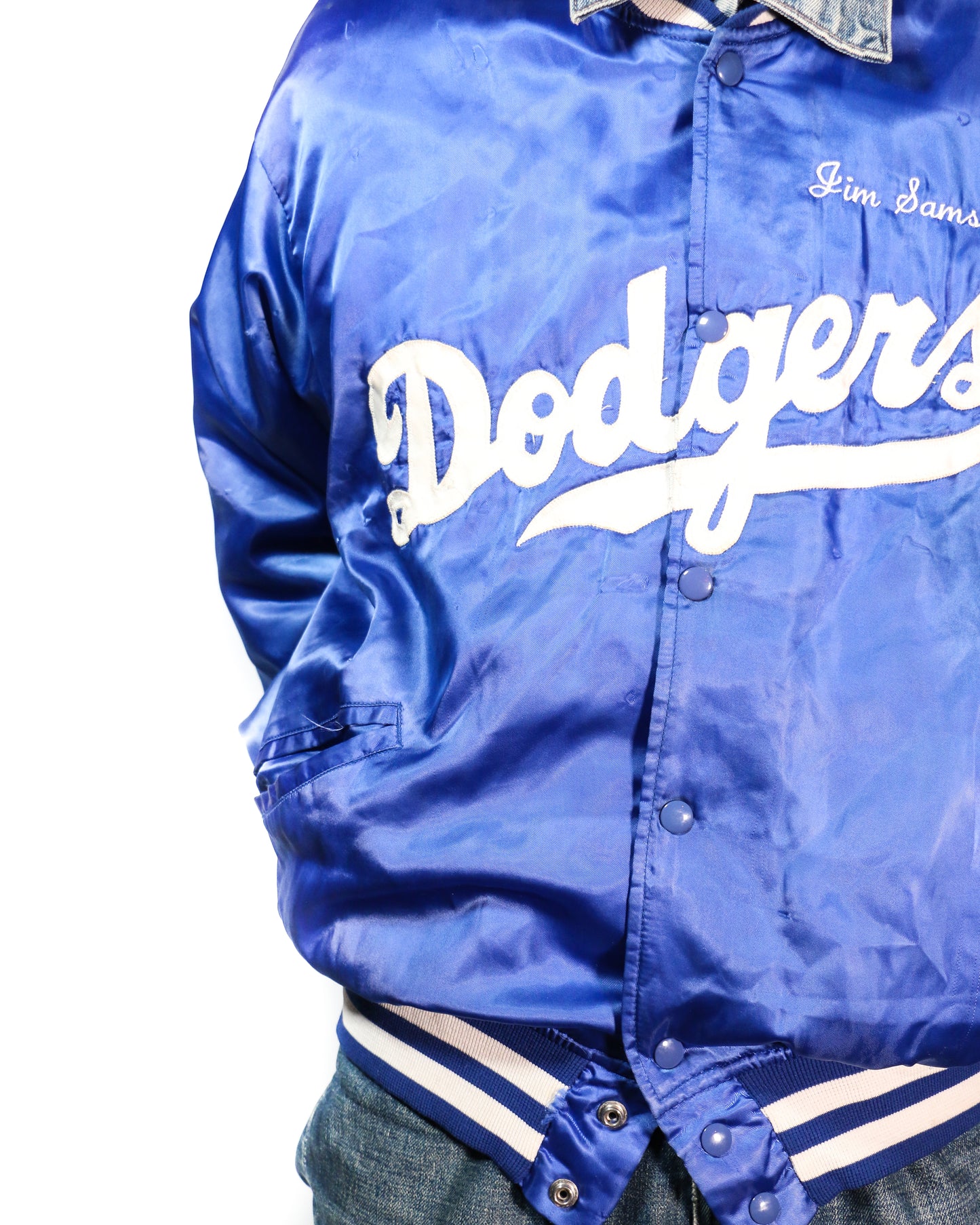USED " Dodgers STADIUM SATIN JACKET Made in USA  / BLUE / 表記 XL